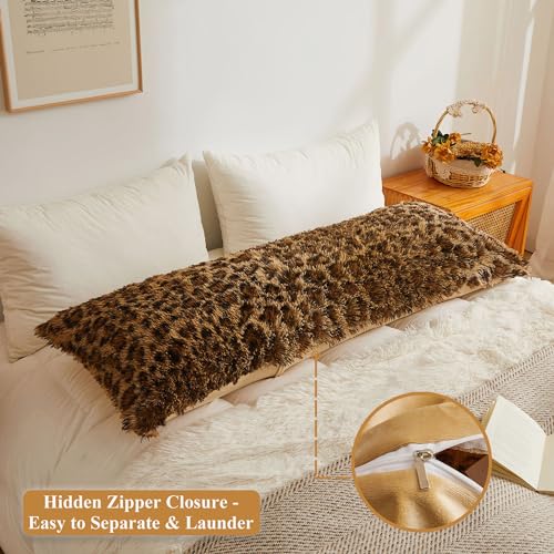 XeGe 20x54 Fluffy Leopard Print Body Pillow Cover, Cheetah Print Plush Fuzzy Faux Fur Body Pillowcase with Zipper, Farmhouse Shaggy Furry Long Pillow Cover for Pregnant Women Side Sleeper, Brown - Image 3