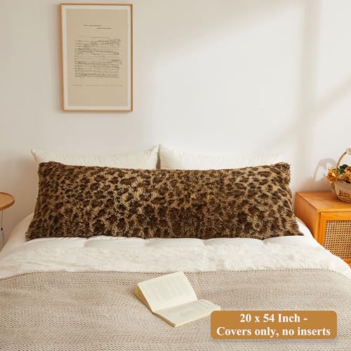 XeGe 20x54 Fluffy Leopard Print Body Pillow Cover, Cheetah Print Plush Fuzzy Faux Fur Body Pillowcase with Zipper, Farmhouse Shaggy Furry Long Pillow Cover for Pregnant Women Side Sleeper, Brown - Image 2