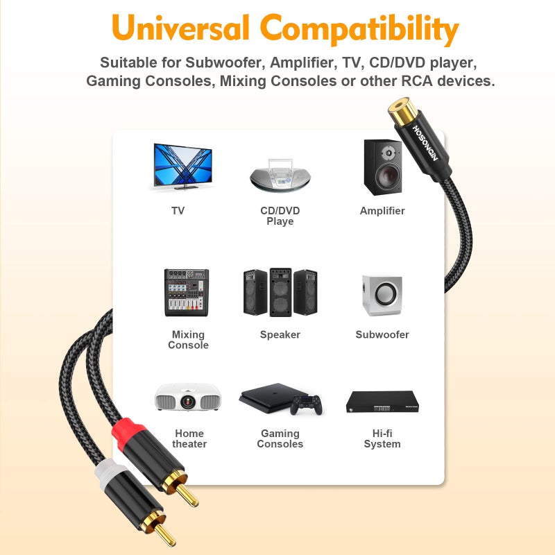 HOSONGIN 1ft RCA Splitter 1 Female to 2 Male Y Adapter 2 Pack, Short RCA Audio Speaker Splitter Cable, Double Shielding Black Nylon Braided Cable - Gold-Plated Plug - Length 12 Inch - Image 3