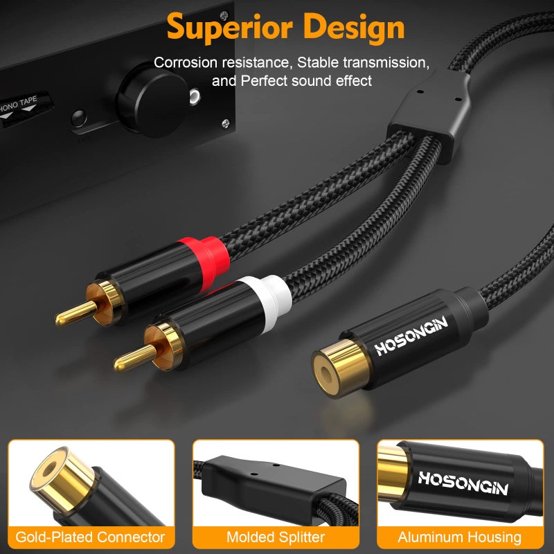 HOSONGIN 1ft RCA Splitter 1 Female to 2 Male Y Adapter 2 Pack, Short RCA Audio Speaker Splitter Cable, Double Shielding Black Nylon Braided Cable - Gold-Plated Plug - Length 12 Inch - Image 5