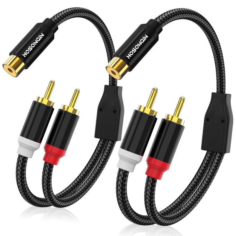 HOSONGIN 1ft RCA Splitter 1 Female to 2 Male Y Adapter 2 Pack, Short RCA Audio Speaker Splitter Cable, Double Shielding Black Nylon Braided Cable - Gold-Plated Plug - Length 12 Inch - Image 1