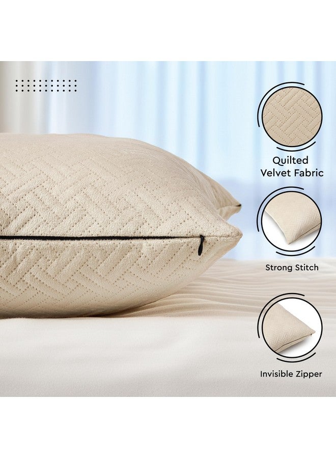 Encasa XO Cushion Covers 60x60 cm Set of 2 | Solid Color Quilted Velvet Sofa Cushion Covers | only Covers No Insert | Both Side Quilted Fabric | Beige | Decorative Pillow Covers for Home-150 TC - Image 3