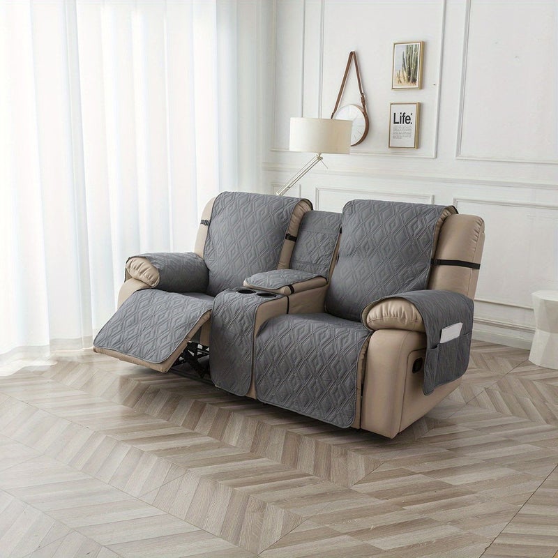 4pcs Set TPU Coated Recliner Double Sofa Cover With Center Console Protector And Pockets Taupe Soft Removable Washable Double Seat Recliner Cover Suitable For Home Hotel - Image 4