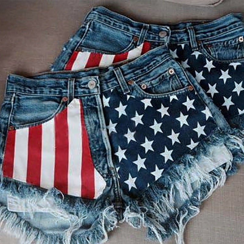Y2K American Flag Patchwork Denim Shorts for Women - Image 1