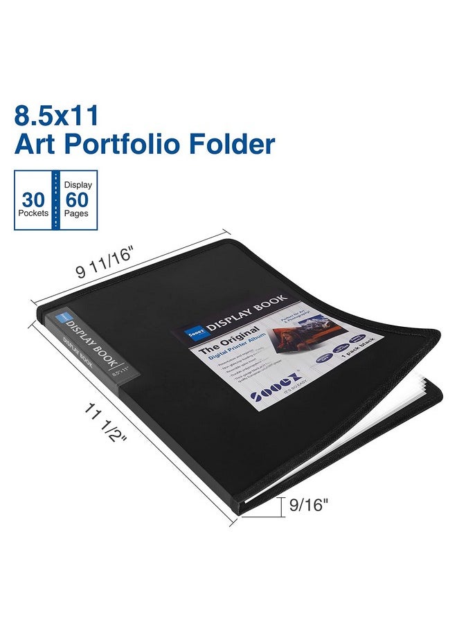 30-Pocket Binder With Plastic Sleeves 8.5X11" (Black), Heavy Duty Art Portfolio Folder With Clear Sheet Protectors, Display 60 Pages, Presentation Book For Artwork, Document Organizer