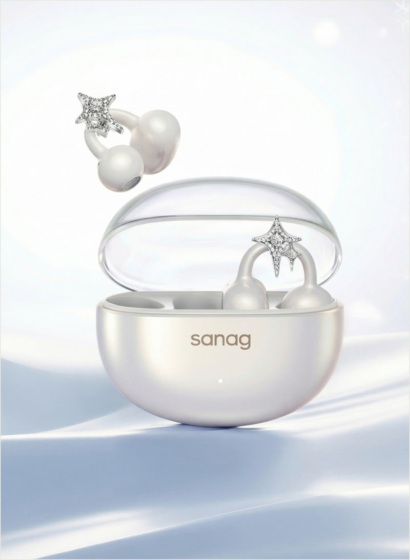 ساناج طقم هدية سماعات SANAG S6S Nova اللاسلكية مع إكسسوار قرط، سماعات بلوتوث مفتوحة بمشبك الأذن، بطارية 59 ساعة، مقاومة للماء IP67، علبة هدية فاخرة لعيد الأضحى وأعياد الميلاد والذكرى السنوية - أبيض - Image 2