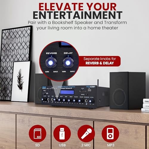 Pyle Wireless BT Stereo Amplifier - Multi Channel, 200 Watt Power, Home Audio Receiver System with FM Radio, BT, USB SD, AUX, RCA, Mic-in, BT and FM Antenna - PDA63BT - Image 5