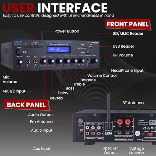 Pyle Wireless BT Stereo Amplifier - Multi Channel, 200 Watt Power, Home Audio Receiver System with FM Radio, BT, USB SD, AUX, RCA, Mic-in, BT and FM Antenna - PDA63BT - Image 3