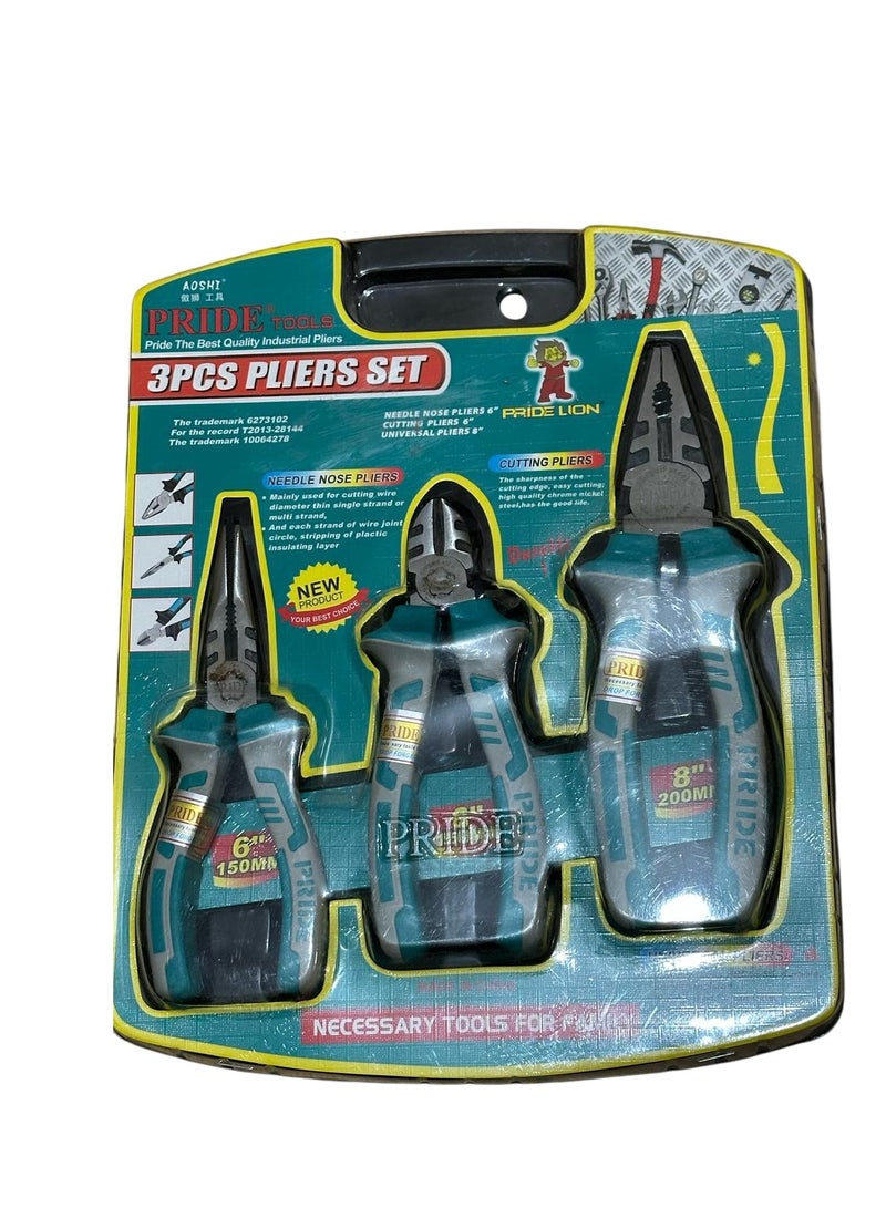 Pride 3 Pcs Pliers Set Combination Pliers Cutting Pliers Needle Nose Pliers 4487  - Image 1