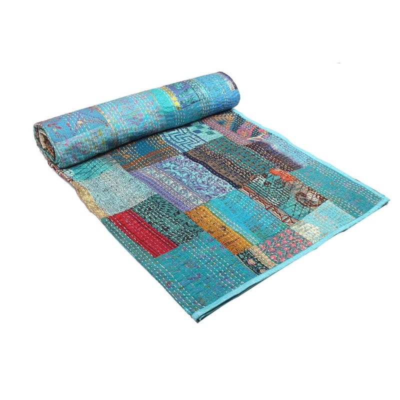 BOHEKANT Handicraft Silk Kantha Quilt Kantha Bed Cover Handmade Kantha Bedspread Kantha Blanket Throw05 Queen 90x108 inches Double Bed - Image 2