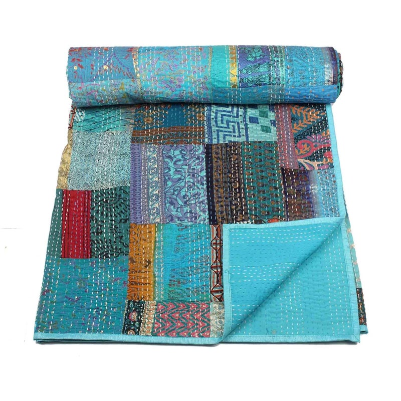 BOHEKANT Handicraft Silk Kantha Quilt Kantha Bed Cover Handmade Kantha Bedspread Kantha Blanket Throw05 Queen 90x108 inches Double Bed - Image 1