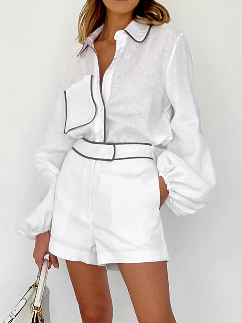Casual Cotton-Linen White Shirt Set White - Image 4