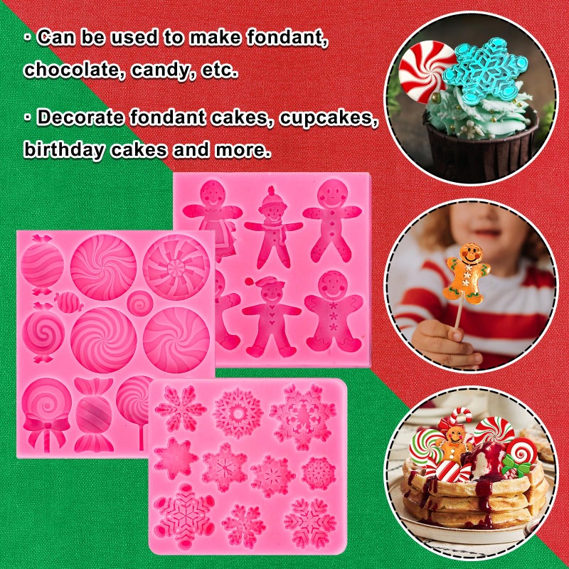 Whaline 3Pcs Christmas Candy Fondant Mold Pink Gingerbread Man Snowflake Silicone Mold Assorted Chocolate Candy Mould for Xmas Winter Party Cupcake Sugar Craft Gum Resin Clay - Image 4