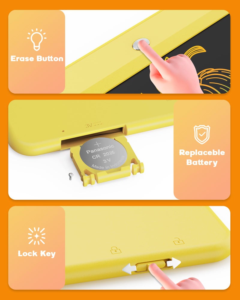 Bravokids LCD Writing Tablet for 3-8 Year Old Girls and Boys - 10 Inch Electronic Doodle Board Drawing Pad, Educational Birthday Gift for Kids and Toddlers (Yellow) - Image 3