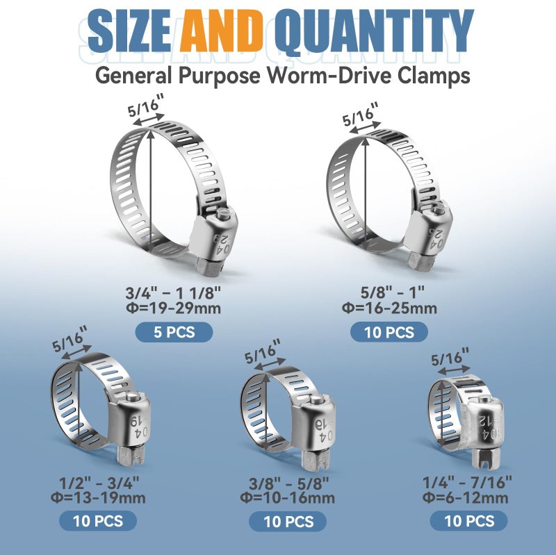 مجموعة متنوعة من مشابك خرطوم Dloubleiy 45 قطعة - مشابك خرطوم من الفولاذ المقاوم للصدأ مع ترس دودي قابل للتعديل من 1/4 بوصة إلى 1-1/8 بوصة (6-29 مم) لتطبيقات السباكة والسيارات والميكانيكية - Image 2