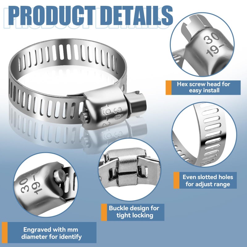 مجموعة متنوعة من مشابك خرطوم Dloubleiy 45 قطعة - مشابك خرطوم من الفولاذ المقاوم للصدأ مع ترس دودي قابل للتعديل من 1/4 بوصة إلى 1-1/8 بوصة (6-29 مم) لتطبيقات السباكة والسيارات والميكانيكية - Image 3