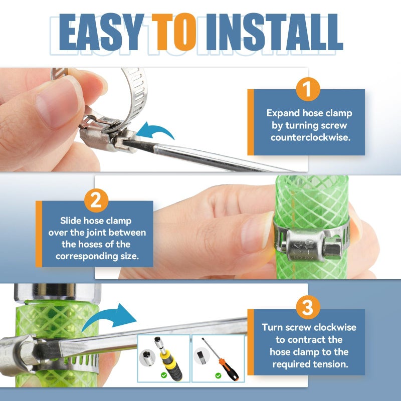 مجموعة متنوعة من مشابك خرطوم Dloubleiy 45 قطعة - مشابك خرطوم من الفولاذ المقاوم للصدأ مع ترس دودي قابل للتعديل من 1/4 بوصة إلى 1-1/8 بوصة (6-29 مم) لتطبيقات السباكة والسيارات والميكانيكية - Image 5