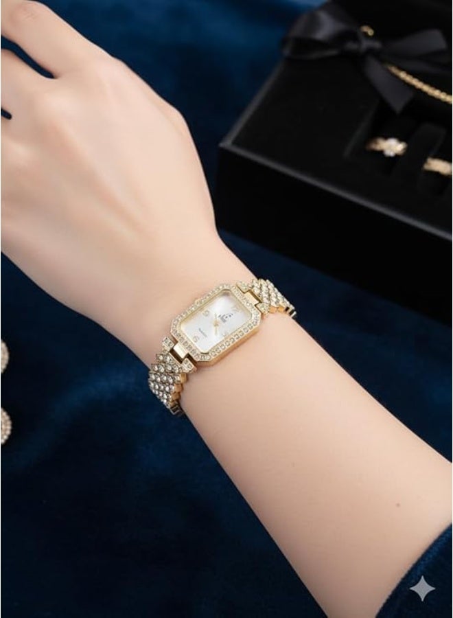 ماى سوق ساعة يد نسائية (Wrist Watch) مرصعة بالكريستال اللامع - سوار دهبى بتصميم زجزاج عصري وميناء بيضاوي. - Image 2
