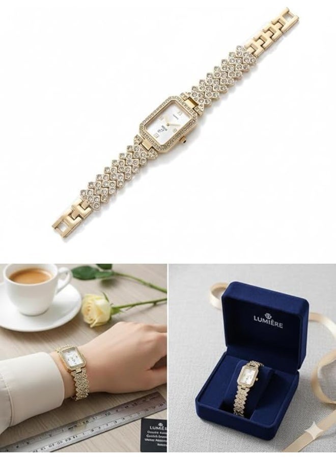 ماى سوق ساعة يد نسائية (Wrist Watch) مرصعة بالكريستال اللامع - سوار دهبى بتصميم زجزاج عصري وميناء بيضاوي. - Image 3