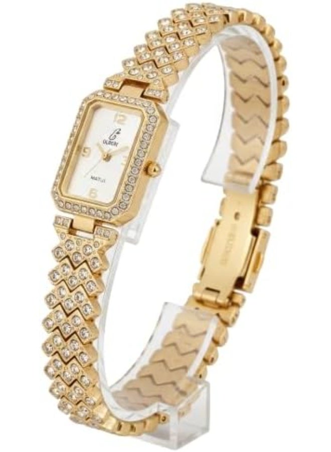 ماى سوق ساعة يد نسائية (Wrist Watch) مرصعة بالكريستال اللامع - سوار دهبى بتصميم زجزاج عصري وميناء بيضاوي. - Image 1