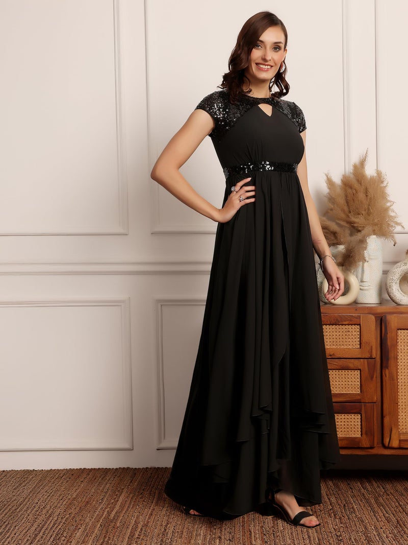 Miss Chase Women's Keyhole Neck Embellished Layered Maxi Dress (MCSS23D06-67-62-03, Black, S) - Image 3