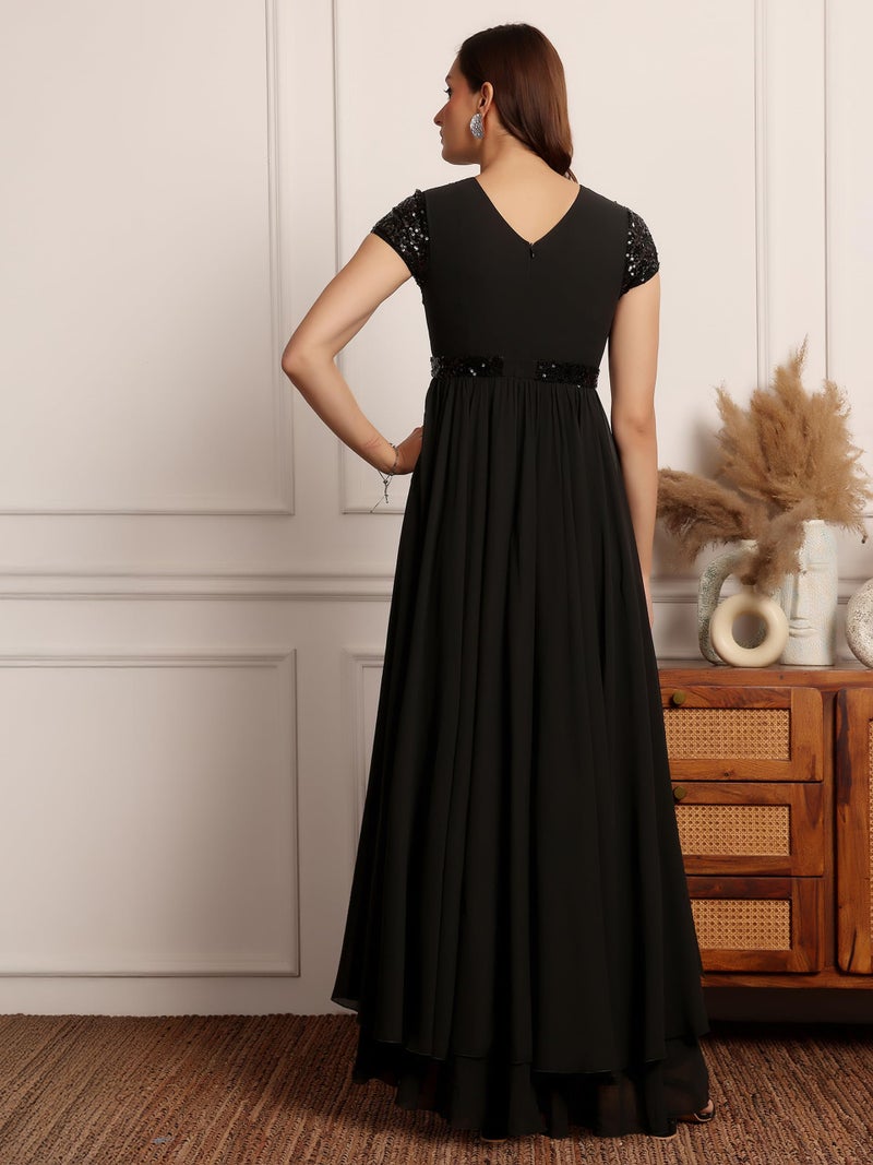 Miss Chase Women's Keyhole Neck Embellished Layered Maxi Dress (MCSS23D06-67-62-03, Black, S) - Image 4