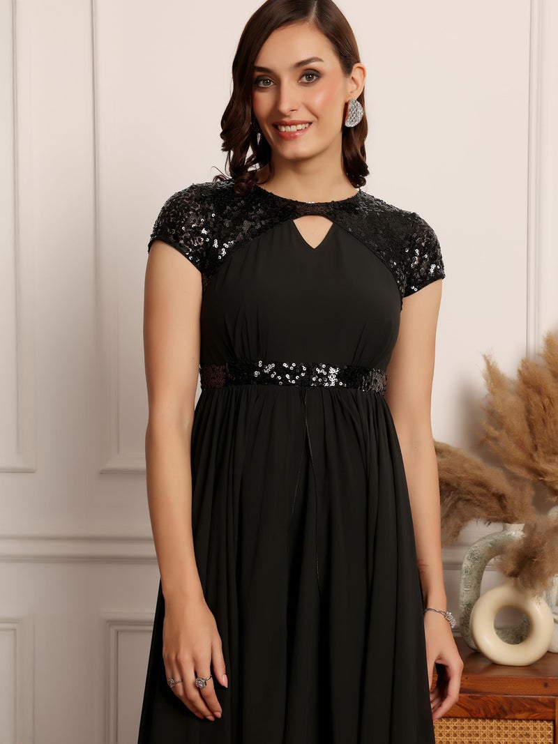 Miss Chase Women's Keyhole Neck Embellished Layered Maxi Dress (MCSS23D06-67-62-03, Black, S) - Image 5