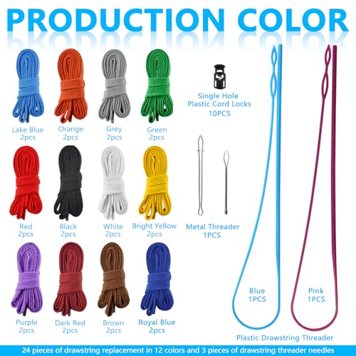 BDS-HOME 24pcs 12colors Flat Drawstring Cord Replacement, Clothing Hoodie Drawstring with Three Drawstring Threading Devices, Sweatshirt, Sweatpants, Casual Pants, Rope Replacement (48inch Long) - Image 3