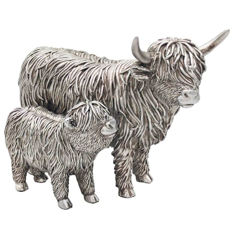 The Leonardo Collection Silver Highland Cow  Calf Figurine For Home  Office  Home Decor Ornaments Gift For Women  Men  Beautiful Figurine For Indoor  Outdoor  Living Room Decor Ornaments