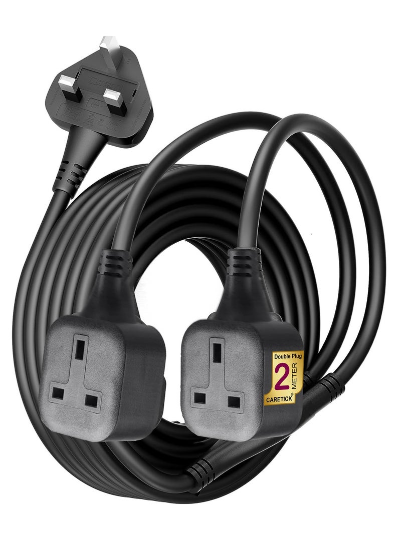 كيرتيك سلك تمديد الطاقة CareTick، سلك بطول مترين، ثنائي الاتجاه، مع قابسين مستقلين بثلاثة دبابيس، ومقبس تمديد طاقة قوي ومقاوم للحريق، مناسب للمنزل والحديقة والمستودعات (أسود، 2W2M) - Image 1