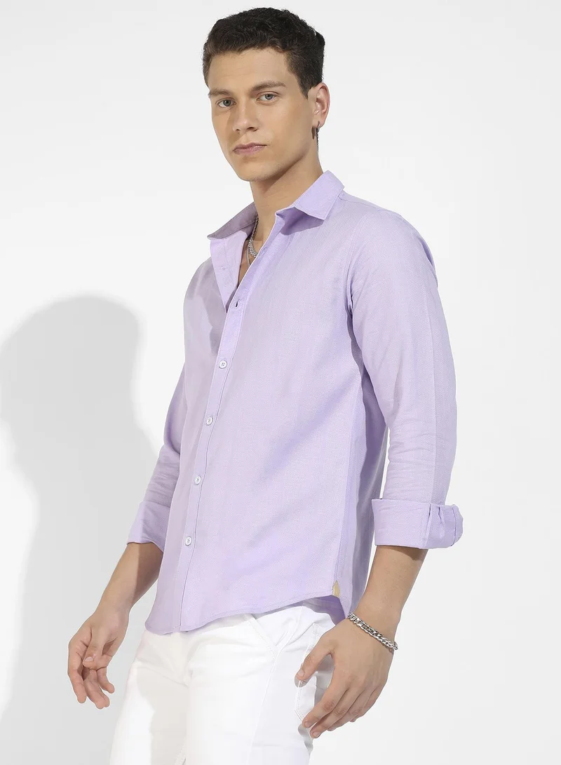 Campus Sutra Men's Lavender Self-Design Striped Shirt