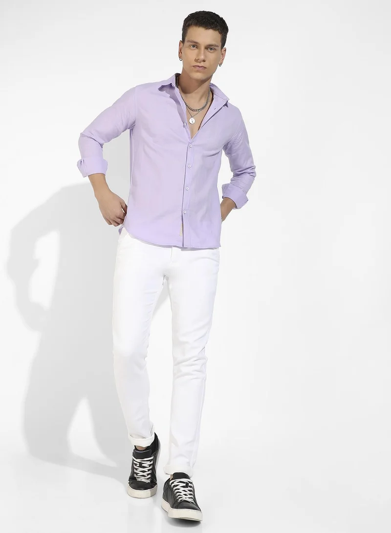 Campus Sutra Men's Lavender Self-Design Striped Shirt