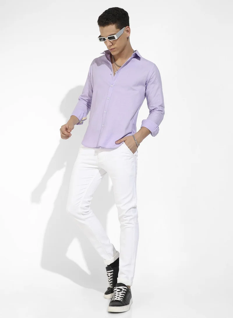 Campus Sutra Men's Lavender Self-Design Striped Shirt
