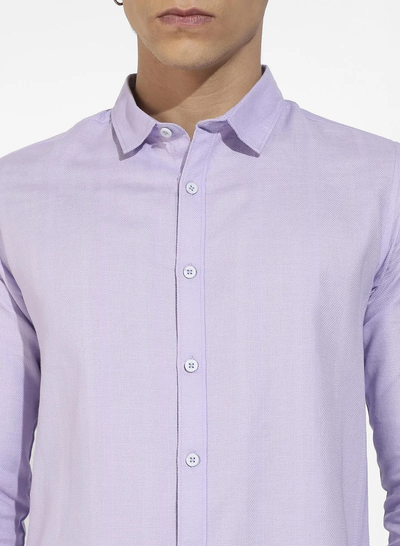 Campus Sutra Men's Lavender Self-Design Striped Shirt