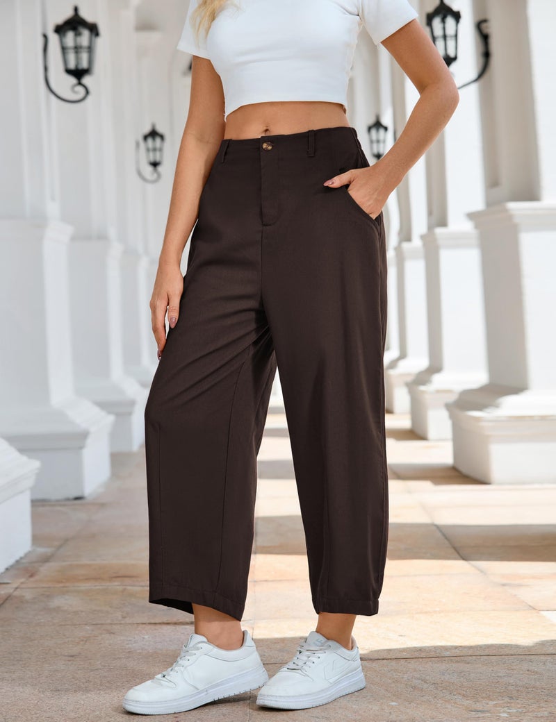 Tanming Womens Linen Pants Casual Capri Baggy Wide Leg Trousers Palazzo Pants Beach Vacation Outfits (Coffee-XL) - Image 4