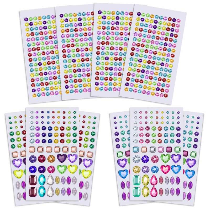 Anezus 1126Pcs Rhinestone Stickers SelfAdhesive Bling Craft Jewels Crystal Gem Stickers for Nail Body Makeup Festival Assorted Sizes and Shapes 10 Sheets