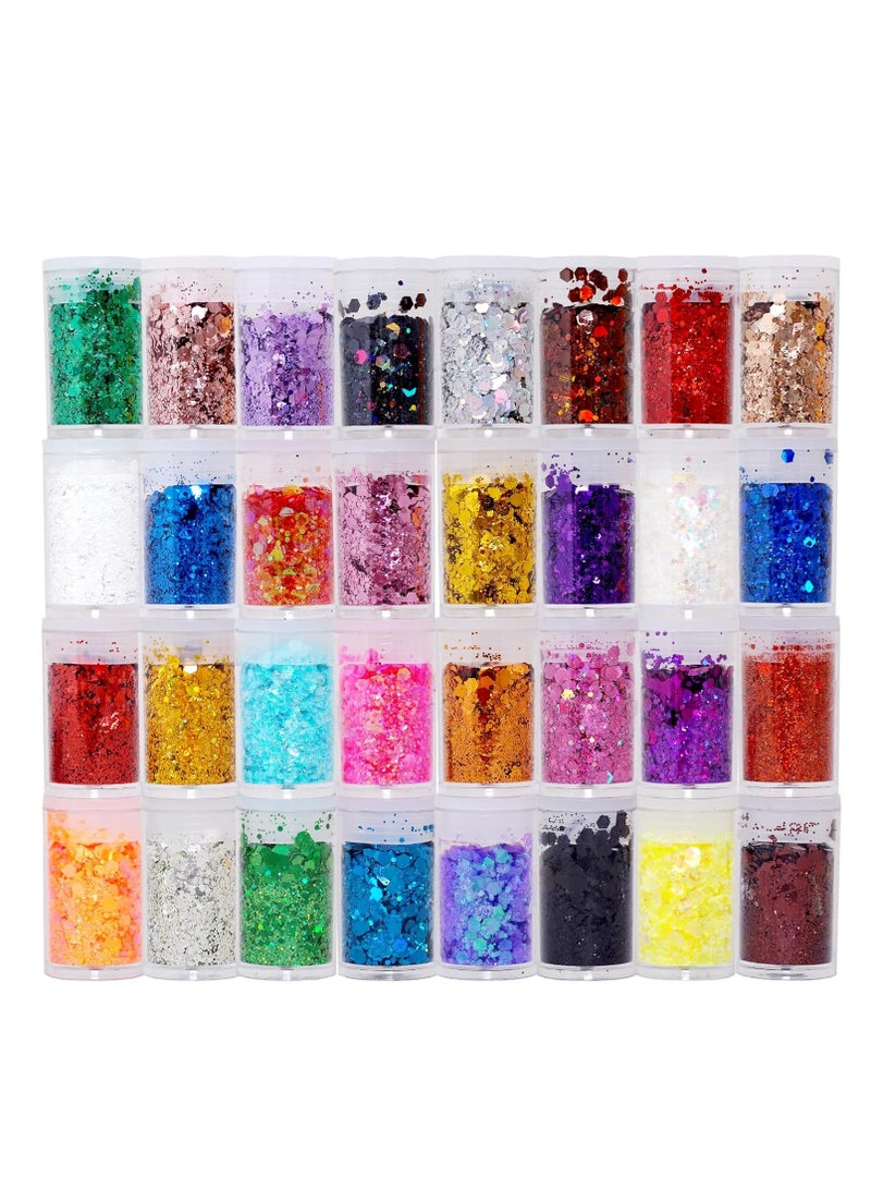 SoJourner Bags 32 Pack Chunky Mix Holographic Glitter - Face Glitter, Nail Glitter, Chunky Fine Glitter, Craft Glitter for Crafts, Makeup & Body, Festival Chunky Glitter, Cosmetic Grade - Image 1