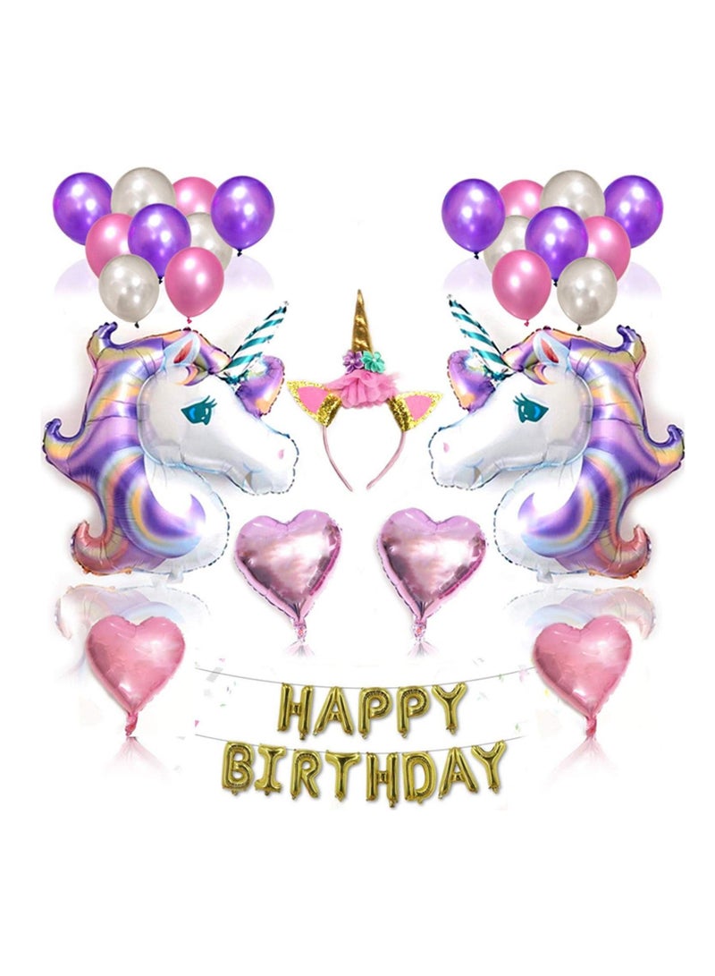 Unicorn Party Supplies Set Glitter Unicorn Headband Unicorn Balloons Gold Happy Birthday Banner Latex And Foil Balloons Decorations Kit ( 27 Value Pack) - Image 1