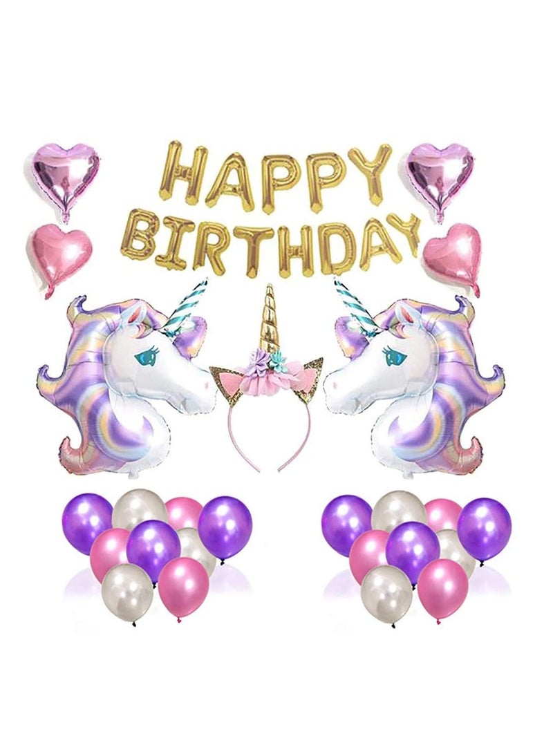 Unicorn Party Supplies Set Glitter Unicorn Headband Unicorn Balloons Gold Happy Birthday Banner Latex And Foil Balloons Decorations Kit ( 27 Value Pack) - Image 3