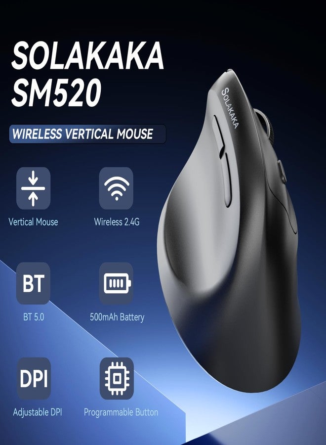 SOLAKAKA فأرة SOLAKAKA SM520 المريحة بدقة 12800 نقطة في البوصة، فأرة عمودية مزودة بزر جانبي قابل للبرمجة، فأرة لاسلكية بثلاثة أوضاع اتصال - بلوتوث 5.0/USB-C/2.4 جيجاهرتز، لأجهزة الكمبيوتر المكتبية والمحمولة (أسود) - Image 2