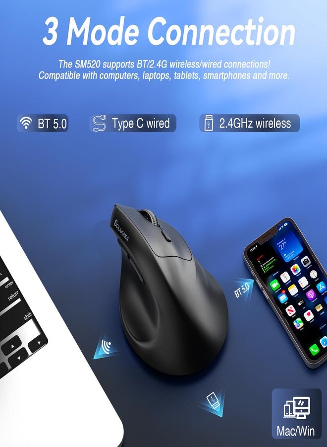SOLAKAKA فأرة SOLAKAKA SM520 المريحة بدقة 12800 نقطة في البوصة، فأرة عمودية مزودة بزر جانبي قابل للبرمجة، فأرة لاسلكية بثلاثة أوضاع اتصال - بلوتوث 5.0/USB-C/2.4 جيجاهرتز، لأجهزة الكمبيوتر المكتبية والمحمولة (أسود) - Image 3
