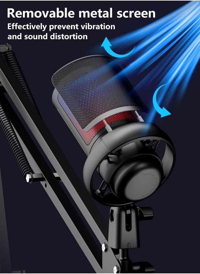 RGB Lighting Gaming Microphone, USB Condenser Podcast Microphone, Click-to-Mute Sensor, Pop Filter, USB PC, Mac/PS4/PS5 Computer Desktop, for Gaming, Streaming, Recording, with Adjustable Stand