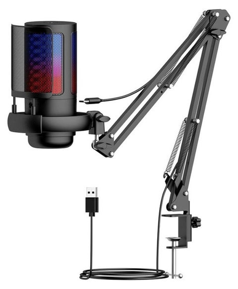 RGB Lighting Gaming Microphone, USB Condenser Podcast Microphone, Click-to-Mute Sensor, Pop Filter, USB PC, Mac/PS4/PS5 Computer Desktop, for Gaming, Streaming, Recording, with Adjustable Stand