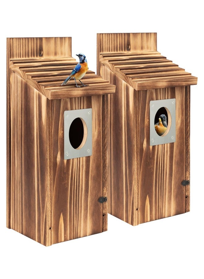 UUMENHA 2 Pack Bird Houses for Outside with Metal Predator Guard for Bluebird Wren Swallow Finch, Carbonized Wooden Nesting Boxes for Outdoor, Sturdy Bird House,Easy to Clean - Image 1