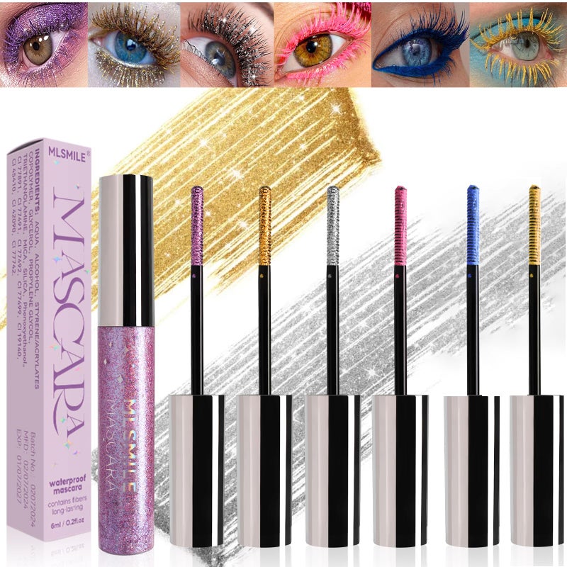 6 Colors Colorful Mascara for Eyelashes Set Pearly Glitter Waterproof No Smudge Charming Voluminous Halloween Christmas Eyes Makeup