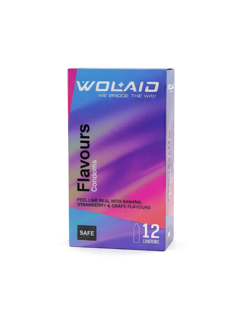 WOLAID Flavours Condoms (12-Pack) – Assorted Banana, Strawberry & Grape – Premium Malaysian Quality - Image 1
