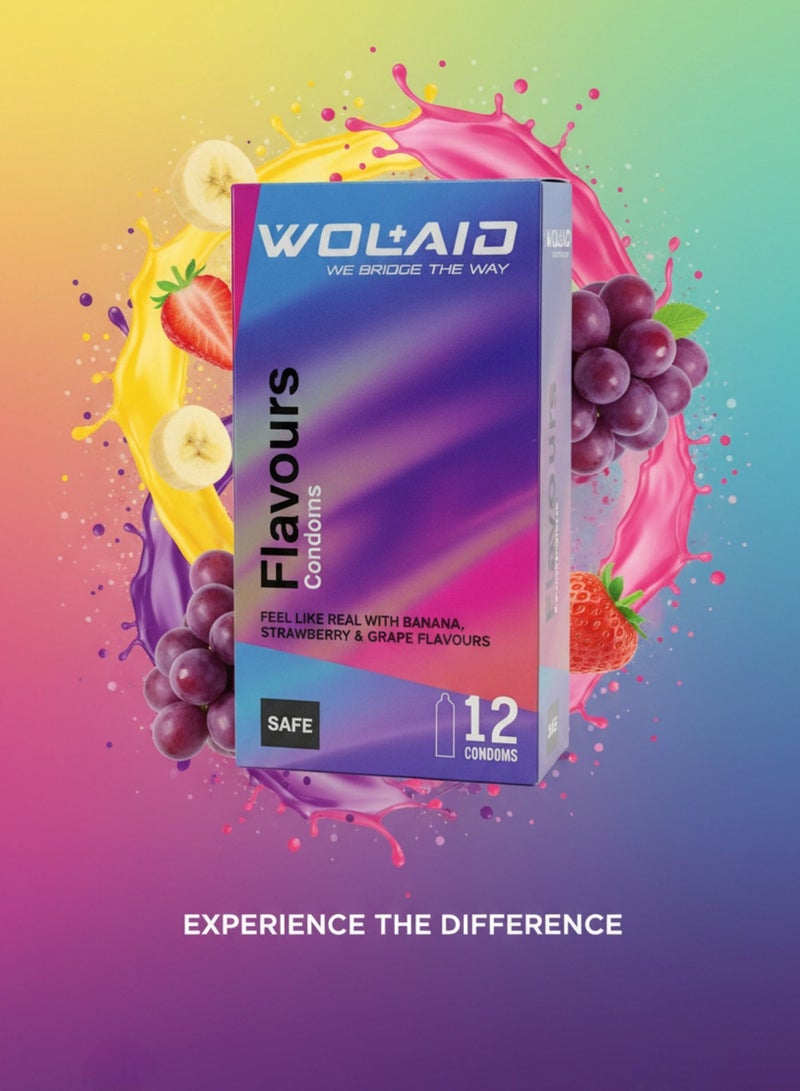 WOLAID Flavours Condoms (12-Pack) – Assorted Banana, Strawberry & Grape – Premium Malaysian Quality - Image 2