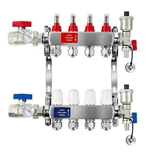 AB 4 Loop PEX/Radiant Manifold, 1/2 Inch Compatible Outlets, Up to 1.4 GPM Flow Valve for Hydronic Radiant Floor Heating(1/2" Connectors Included) - Image 1
