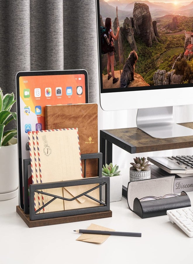 Snughome Desktop Mail Organizer, Desk Mail Organizer with 2-Slot Matte Black Metal Desktop Mail Sorter, Metal Storage File Holder Letter Sorter Organizer for Home or Office, Rustic Brown - Image 2
