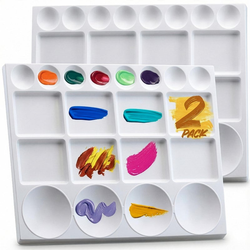 DUGATO Large Paint Palette Trays (2 Pack, 10x13) - 20-Well Plastic Mixing Palettes for Acrylic, Oil, Watercolor & Gouache Paints - Artist Supplies - Image 1
